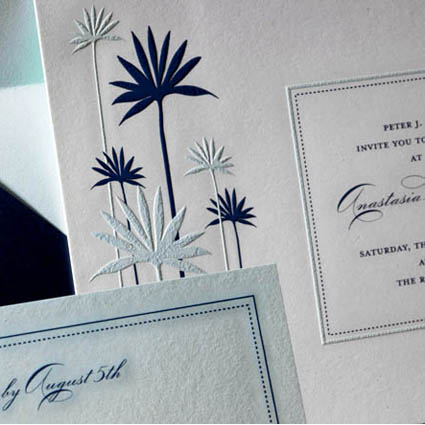  Engraved wedding invitation sky and navy blue on white 